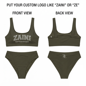 ชุดว่ายน้ำผู้หญิงพรีเมียม ผ้าโพลีเอสเตอร์ผสมสแปนเด็กซ์ ยืดหยุ่นได้ 220 GSM สีเขียวมะกอก ชุดว่ายน้ำสองชิ้น โลโก้ประดับคริสตัลแบบกำหนดเอง เนื้อผ้านุ่ม - Product Image 1