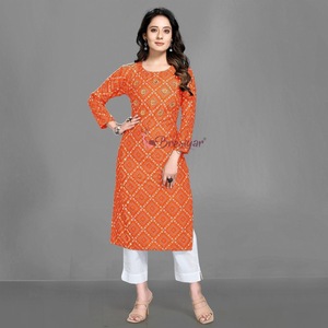 DESIGNER HEAVY RAYON BADHANI IMPRIMÉ TRAVAIL PRÊT À PORTER UNIQUEMENT KURTI ORANGE - Product Image 1