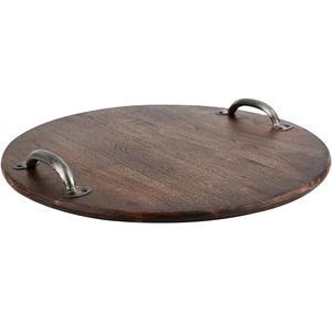 Plateau de service rond de haute qualité en bois de manguier pur marron avec poignée en métal décoratif pour un usage domestique taille personnalisée pour les occasions alimentaires - Product Image 1