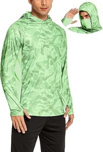 เสื้อเชิ้ตตกปลาแขนยาวลายพรางสำหรับผู้ชาย UPF 50 ป้องกันรังสียูวี แห้งเร็ว มีฮู้ด เสื้อคลุมสำหรับกิจกรรมกลางแจ้ง ลายพิมพ์สีเขียว - Product Image 1