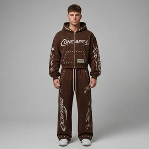 <b>Brown</b> Rhinestone Graphic Zip Up Hoodie Sweatpants Tracksuit Sets Men's Streetwear Two Piece <b>Jogger</b> Outfit Wholesale OEM - Product Image 5