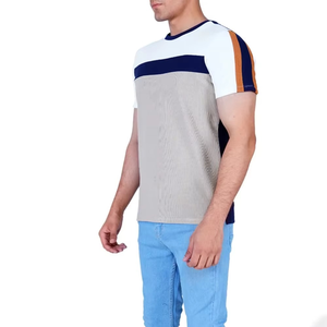 Men's <b>Light</b> Gray Color Block T Shirt Crew Neck Short Sleeve Casual Summer Fashion Tee With Contrast Chest Stripe - Product Image 3