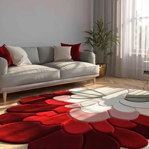 Floral Round Rug Red And Grey Flower Area Carpet Unique Petal Shape Tufted Soft Floor Mat For Modern Living Room Bedroom Decor - Product Image 1