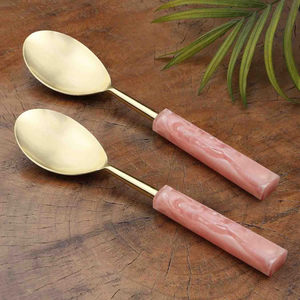 <b>Set</b> of 2 Stainless Steel Vintage Salad Servers with Resin Handles Eco Friendly Party Use Dinner <b>Lunch</b> Tableware - Product Image 1