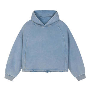 เสื้อฮู้ดดี้เดนิมฟอกสีทรงบ็อกซี่ แขนเสื้อแบบแร็กแลน สีฟ้าอ่อน สไตล์ลำลองสำหรับผู้ชาย - Product Image 4
