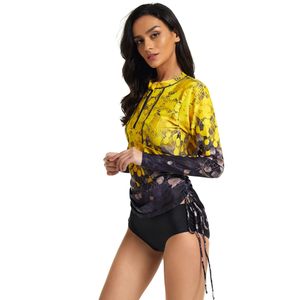 Camiseta Deportiva de Manga Larga para Mujer, Protección UV, Estampado Amarillo y Negro, Spandex y Poliéster, Top de Natación, Manga Completa, Superventas 2026 - Product Image 1
