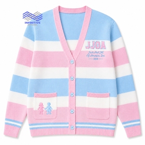 Vente en gros de cardigans tricotés personnalisés Jack and Jill of America JJOA pour femmes, manches longues, col en V profond, rayé rose et bleu - Product Image 1