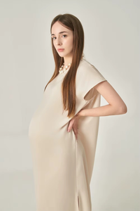 Simple Stripes Midi Silk Satin Woven Breathable Crew Neck Short Sleeve Minimalist Plain Dyed Loose Waist Pockets Casual Dresses - Product Image 3