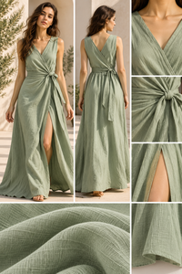 Vestido Maxi de Lino Natural de Lujo, Sin Mangas, Cuello en V, Estilo Cruzado, Cintura Ajustable, Casual, Floral, para Vacaciones de Verano - Product Image 6