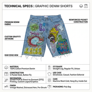 Custom Graffiti Printed Mid Waist Straight-leg <b>Jorts</b> Men's 100% Ring-Spun Cotton Denim Raw Edge Distressed Y2K Streetwear - Product Image 4