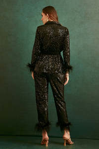 Ensemble pantalon et blazer pour femme, très résistant, orné de paillettes, avec ceinture à plumes, tenue deux pièces sexy pour club, manches longues - Product Image 4