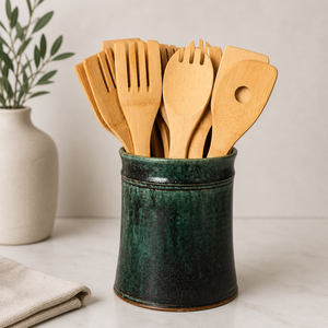 Premium Stoneware Ceramic <b>Utensil</b> <b>Holder</b> Deep Green Reactive Glaze High Temperature Fired Durable <b>Kitchen</b> Countertop Organizer - Product Image 1