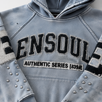 Sweat à capuche unisexe épais délavé à l'acide, style rétro décontracté urbain, avec patch brodé personnalisé et déchirures effet usé, marque privée