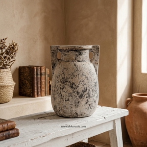 Forte Cream Rustic Terracotta Clay Handled Urn <b>Vase</b> Handcrafted Earthenware Jar Decorative <b>Ceramic</b> Tabletop Vessel Wholesale - Product Image 3