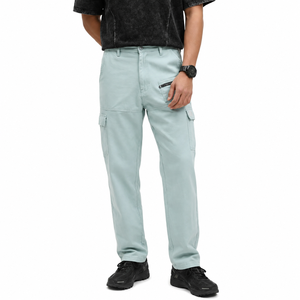 Pantalon cargo en toile bleu clair pour homme, taille élastique, plusieurs poches, pantalon décontracté pour l'été, coupe droite, respirant, poids moyen - Product Image 1