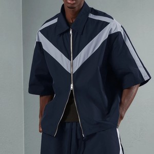 <b>Men's</b> <b>Summer</b> Tech Wear 2 Piece Tracksuit Set Oversized Short Sleeve Zip Up <b>Jacket</b> And Shorts Color Block Streetwear Set - Product Image 3