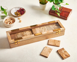 Handcrafted Mango Wood Domino Set with Brass Accents, Double Six <b>Game</b> - Product Image 3