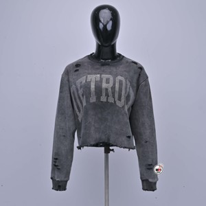Sudadera corta gris desgastada para mujer con lentejuelas, estilo Detroit, cuello redondo, manga larga, tejida, 100% transpirable, informal - Product Image 1