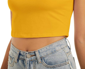 T-shirt en maille respirant à col rond et manches bouffantes, coupe ajustée, couleur unie jaune moutarde, avec ceinture, pour femme, printemps-été - Product Image 4
