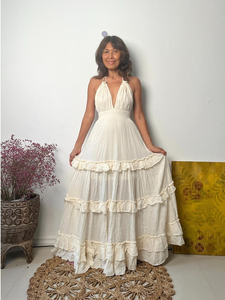 Wholesale Women <b>Boho</b> Sleeveless V-neck Maxi Dress Tiered Ruffle Cotton Gauze Sun Ivory Smocked Natural Waist Casual Dress - Product Image 3