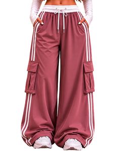Pantalon cargo en molleton imperméable écoresponsable rose poudré taille mi-haute coupe droite pour femme avec cordon de serrage, style sportif décontracté et coupe ample - Product Image 6