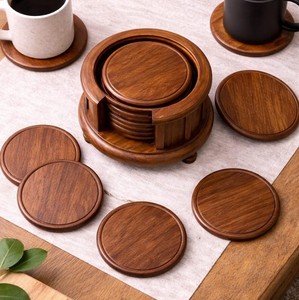Solid Walnut Wood Coasters Natural Wooden Tea <b>Mats</b> Square Cup Pads with Holder Minimalist <b>Table</b> Protection Wood Anniversary - Product Image 1