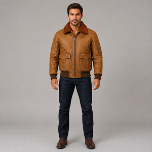 <b>Mens</b> Motorcycle Leather Flight <b>Jacket</b> Turn-down Collar <b>Cargo</b> Pockets Rib Knit Waistband Canvas Front Waterproof Windproof - Product Image 3