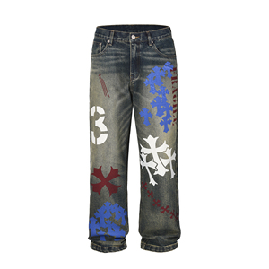 Vaqueros holgados con estampado gráfico vintage para hombre, pantalones vaqueros de pierna ancha estilo streetwear, pantalones de mezclilla Y2K hip hop de corte holgado, pantalones acampanados para mujer - Product Image 1