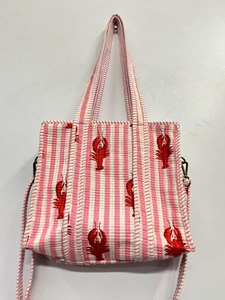 <b>Long</b> Strep Pink Striped Cotton Mini Tote <b>Bag</b> with Red Lobster Print & Dual Straps - Product Image 4