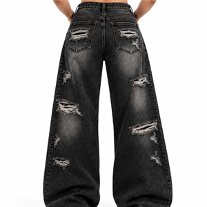 <b>Women</b> Denim <b>Baggy</b> <b>Jeans</b> Custom Color Straight Breathable Distressed Wide Leg Denim Pants Letter Print Hip Hop Y2K Streetwear - Product Image 2