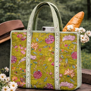 Sac fourre-tout matelassé pour femme, imprimé au bloc, écologique et élégant, avec fermeture ouverte, idéal pour le shopping quotidien et les voyages - Fabriqué en coton indien - Product Image 1