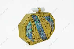 Indian Handcrafted Mother of <b>Pearl</b> Stone Brass <b>Clutch</b> with Sculpted Geometric Panels Luxury Evening Bridal Statement <b>Bag</b> - Product Image 2