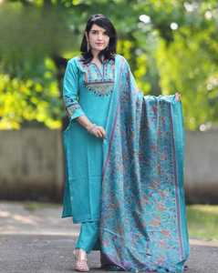 Women's Turquoise Cotton Salwar Kameez Hand Drawn Floral Dupatta Traditional Indian Pakistan <b>Wedding</b> Party Ankle-Length Regular - Product Image 1