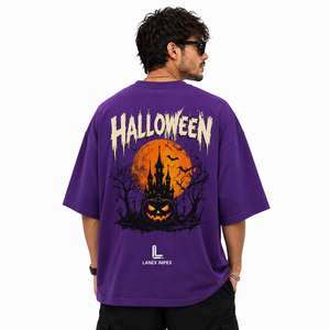 Men's Gothic Halloween T Shirt Purple Graphic Tee Pumpkin Castle Moon Bat Print Oversized Short Sleeve Cotton Casual Streetwear - Product Image 4