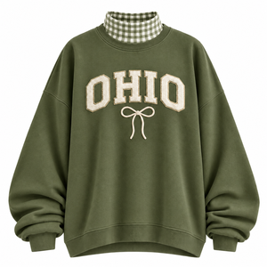 Sweat-shirt marron surdimensionné pour femme avec broderie Ohio, col rond, manches longues, en coton tricoté, pour l'automne - Product Image 6