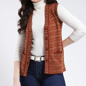 Gilet sans manches en tricot pour femme, col en V, motif rayé, fermeture à boutons, vêtements décontractés d'automne, 100% acrylique - Product Image 6