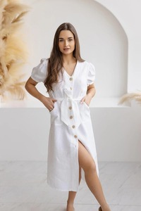 Robe longue boutonnée 100 % coton et lin pour femme, col en V, manches courtes, ceinturée, style vintage, respirante, écologique, décontractée, été, vente en gros - Product Image 3
