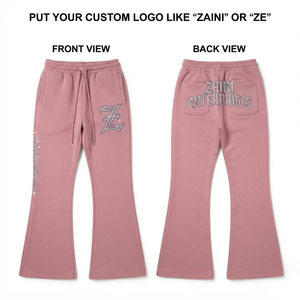 กางเกงแฟลร์ผู้หญิง ผ้าฝ้ายพรีเมียมเนื้อนุ่ม 320 GSM สีชมพู ขากว้าง ปักโลโก้ด้วยคริสตัลตามสั่ง สไตล์ลำลอง สตรีทแวร์ แฟชั่น กางเกงวอร์ม - Product Image 1