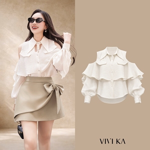 Women's Ivory Cold Shoulder Ruffle Blouse <b>Layered</b> Flounce Long Sleeve Chiffon Shirt Elegant Feminine Casual <b>Top</b> STELA - Product Image 1