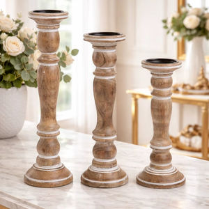 Ensemble de 3 porte-bougies rustiques en bois de manguier, faits à la main, art moderne, finition blanchie et brûlée, pour bougies votives et pilier, décoration de Noël pour la maison - Product Image 1