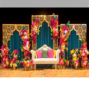 Decoración de escenario Elite Walima con pantallas cortadas con láser, los últimos paneles de fondo de metal tallado con hojas doradas, marcos modernos de estilo árabe para bodas. - Product Image 5