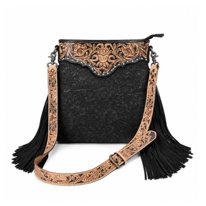 Bolso Bandolera de Cuero con Estampado Floral y Flecos, Estilo Vaquero Occidental, Bolso de Hombro Boho Hecho a Mano para Mujer - Product Image 1