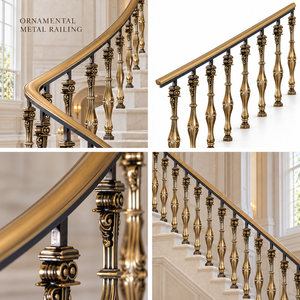 Rampe d'escalier élégante en métal doré avec balustres tournés ornés et détails décoratifs en spirale pour intérieurs de luxe - Product Image 5