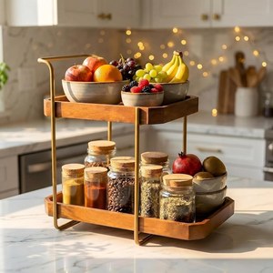 Modern Double Tier Wooden <b>Storage</b> <b>Rack</b> With Metal Frame For <b>Kitchen</b> Spice And Fruit Organization Standing Type Durable counter - Product Image 1