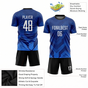 Ensemble de maillot de football bleu pour homme, manches courtes, col rond, polyester respirant, impression sublimée, motif géométrique, coupe classique - Product Image 6