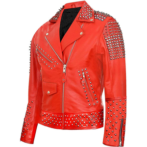 Lawd Sports Red PU Leather Unisex <b>Punk</b> Style Motorcycle <b>Jacket</b> Rivet Decoration V-neck Zipper Closure Breathable Autumn Wear - Product Image 3