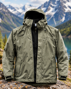 <b>Men's</b> Olive <b>Green</b> Hooded <b>Waterproof</b> Breathable Quick Dry <b>Jacket</b> PU Coated Casual Windbreaker Zipper Closure Regular Fit Front - Product Image 3