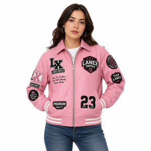 Custom Pink Leather Varsity <b>Jacket</b> for <b>Men</b> Premium Letterman Bomber <b>Jacket</b> with Embroidered Chenille Patches OEM ODM Manufacture - Product Image 1
