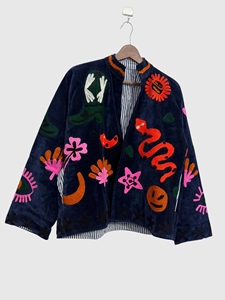 Veste en velours brodée à la main avec des motifs floraux, manches longues, col mandarin, taille plus, vêtements de printemps pour femmes - Product Image 3