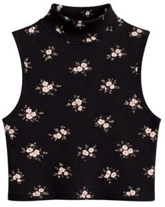 Top Corto Personalizado Negro con Cuello Alto y Estampado Floral, Sin Mangas, Ajustado, Elástico, Informal, de Verano, para Mujer - Product Image 1